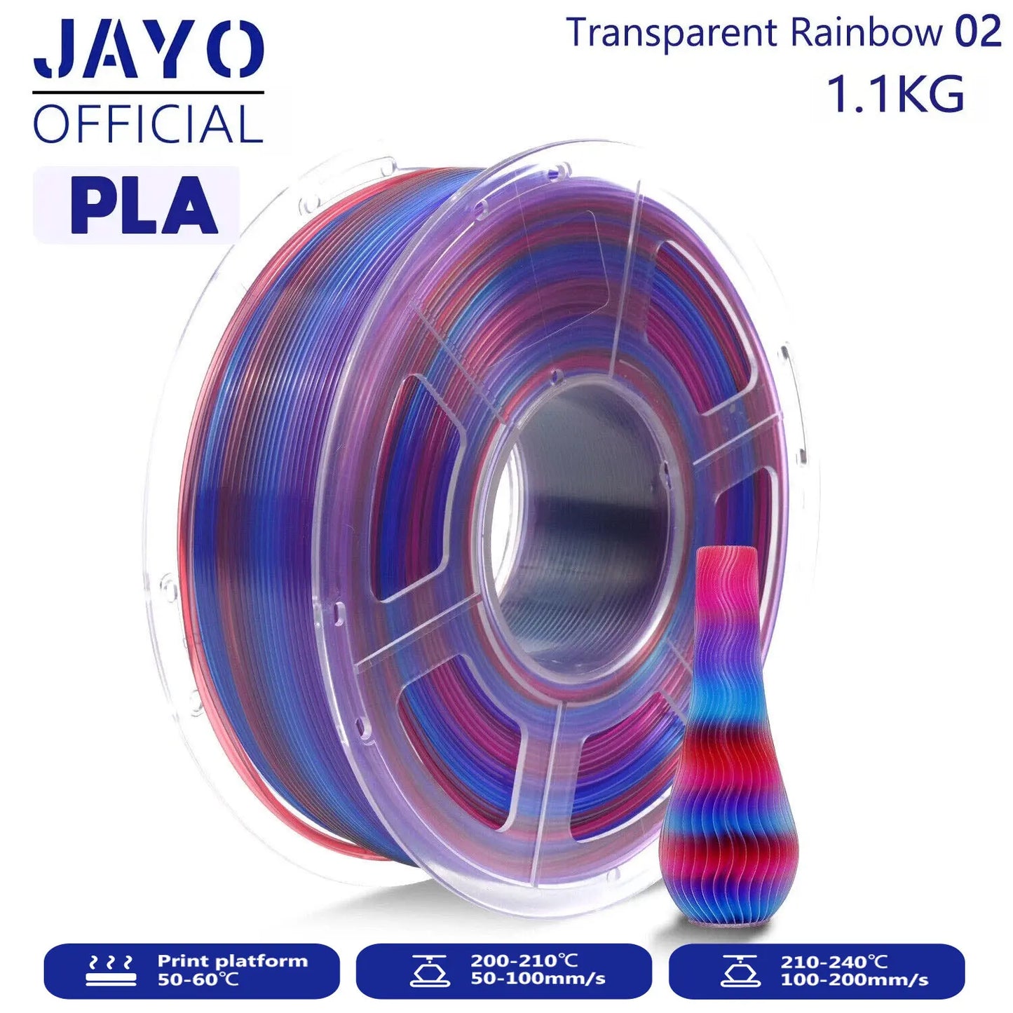 JAYO 3D PLA / Silk PLA Rainbow Printer Filament 1.75mm Transparent Rainbow 3D Filament As Neatly Wound 3D Printing Material
