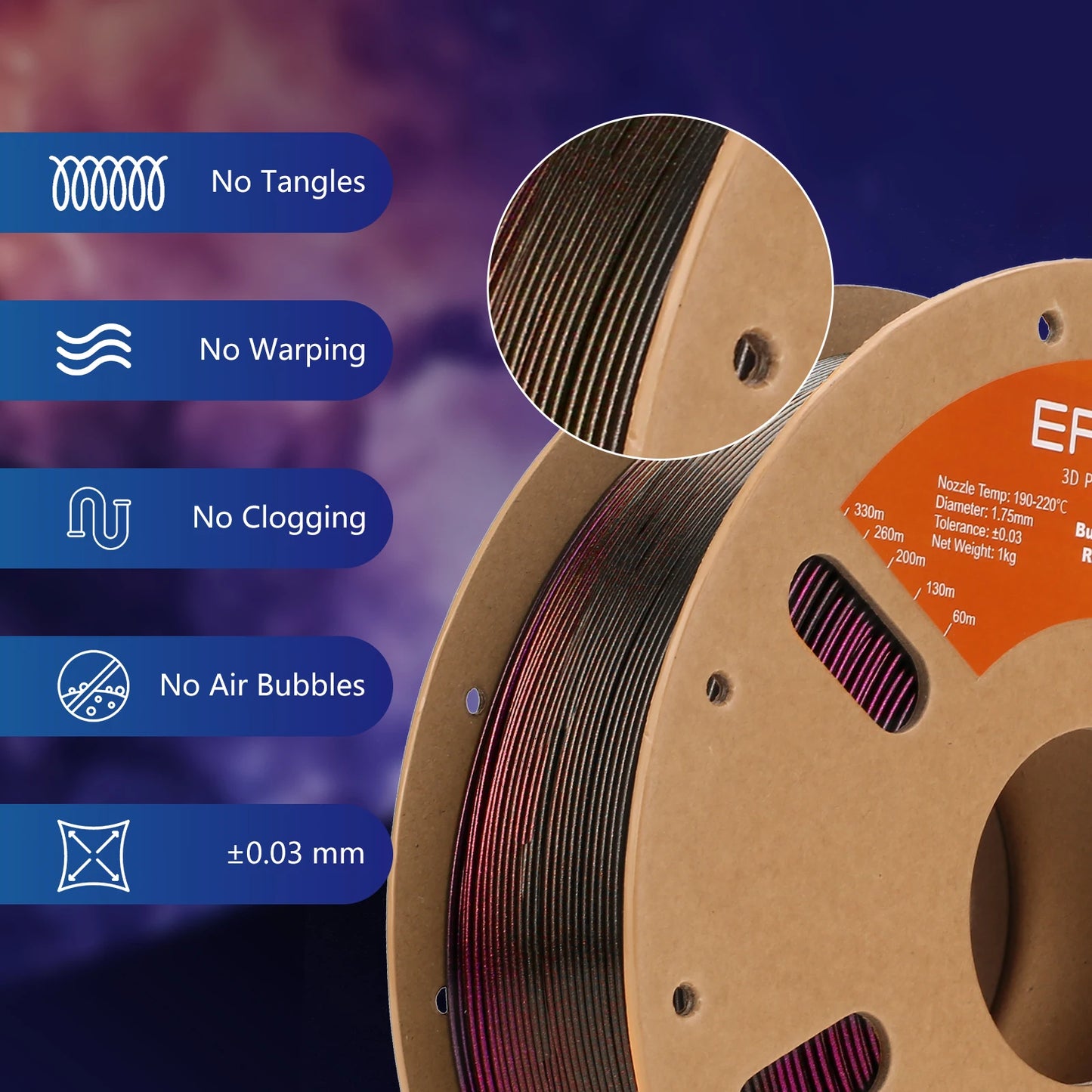 ERYONE 1/5KG Burnt Color Rainbow PLA Filament 3D Print 1.75mm +/-0.03mm, Multicolor Available,1kg/spool