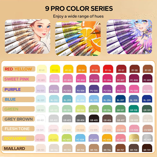 9 Count/Set Acrylic Brush Markers Set, Assorted Pro Color Series Automatic Ink Control System Art Markers Set