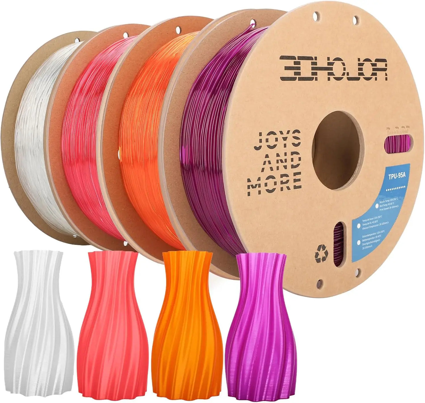 Flexible TPU 3D Printer Filament 1.75mm, 95A Hardness, 1KG*4 Bundle, Transparent Colors for FDM Printers