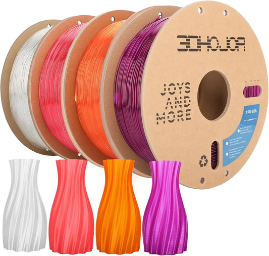 Flexible TPU 3D Printer Filament 1.75mm, 95A Hardness, 1KG*4 Bundle, Transparent Colors for FDM Printers