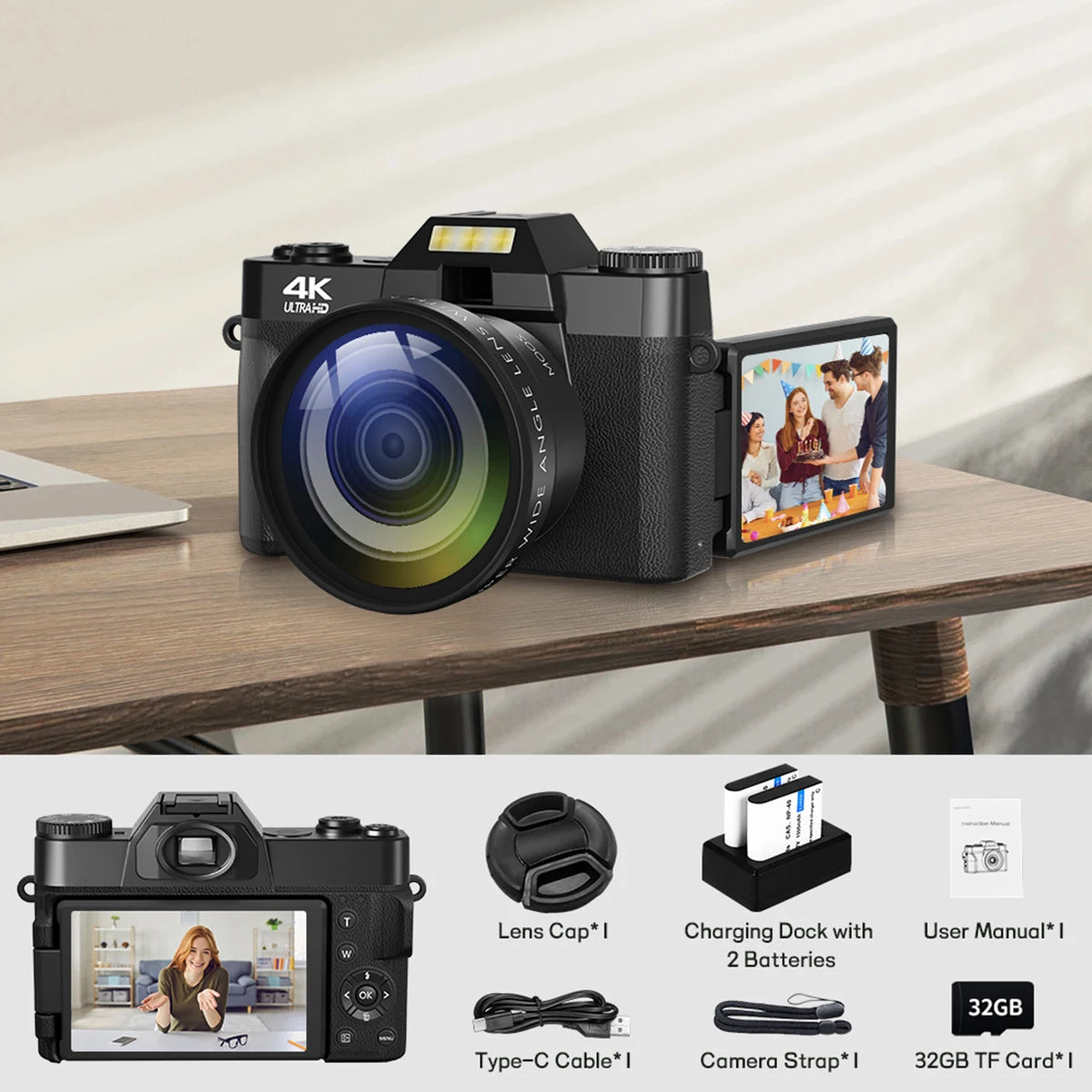 Compact Digital Photography Camera 4K WIFI Webcam Retro Vlog Recorder YouTube 64MP Camcorder 3 Inch Flip Screen Wide Angle Lens