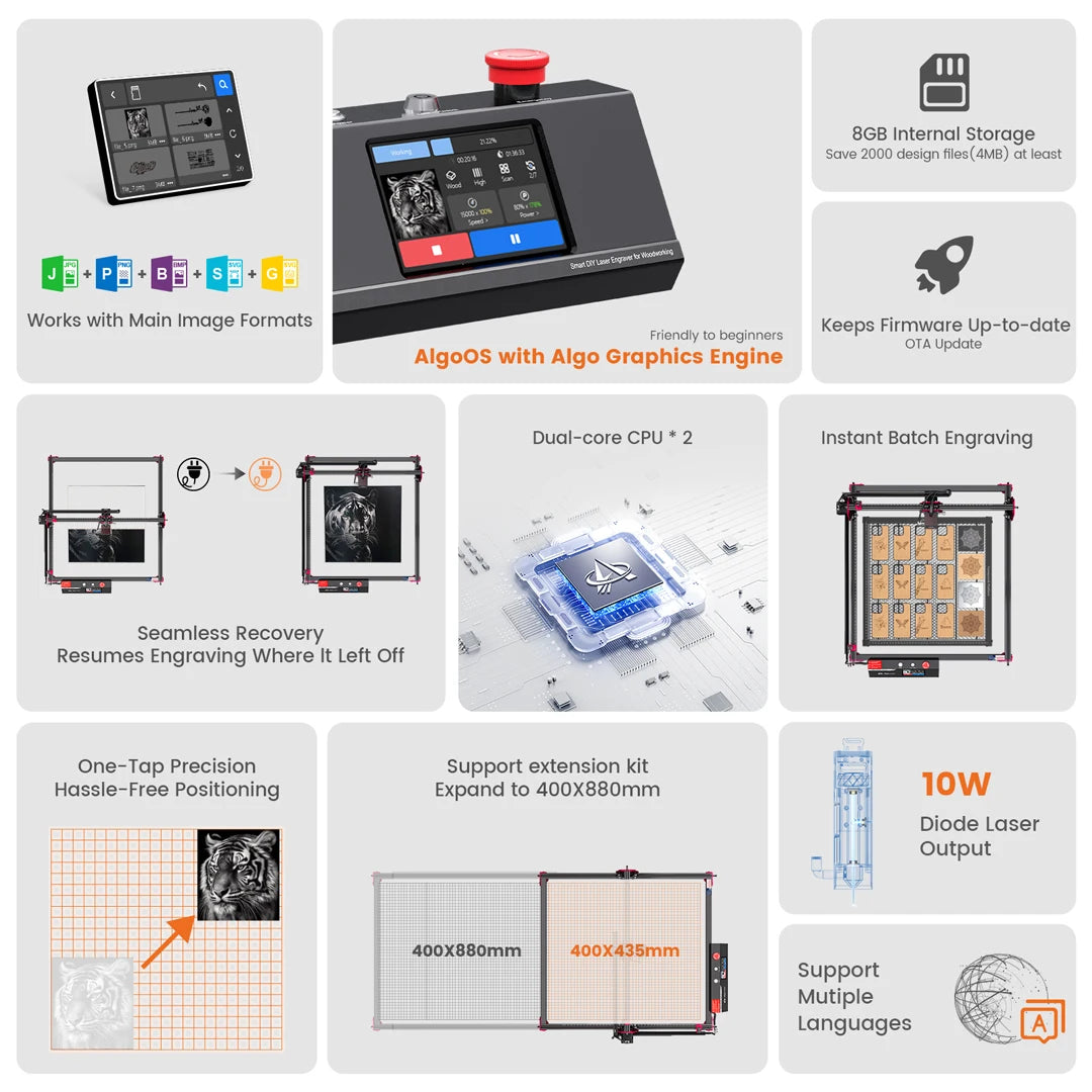 Laser Engraver with Air Pump10W Output Laser Engraving Cutting Tool for Metal Colorizing, Wood, Acrylic, Leather Emergency Stop