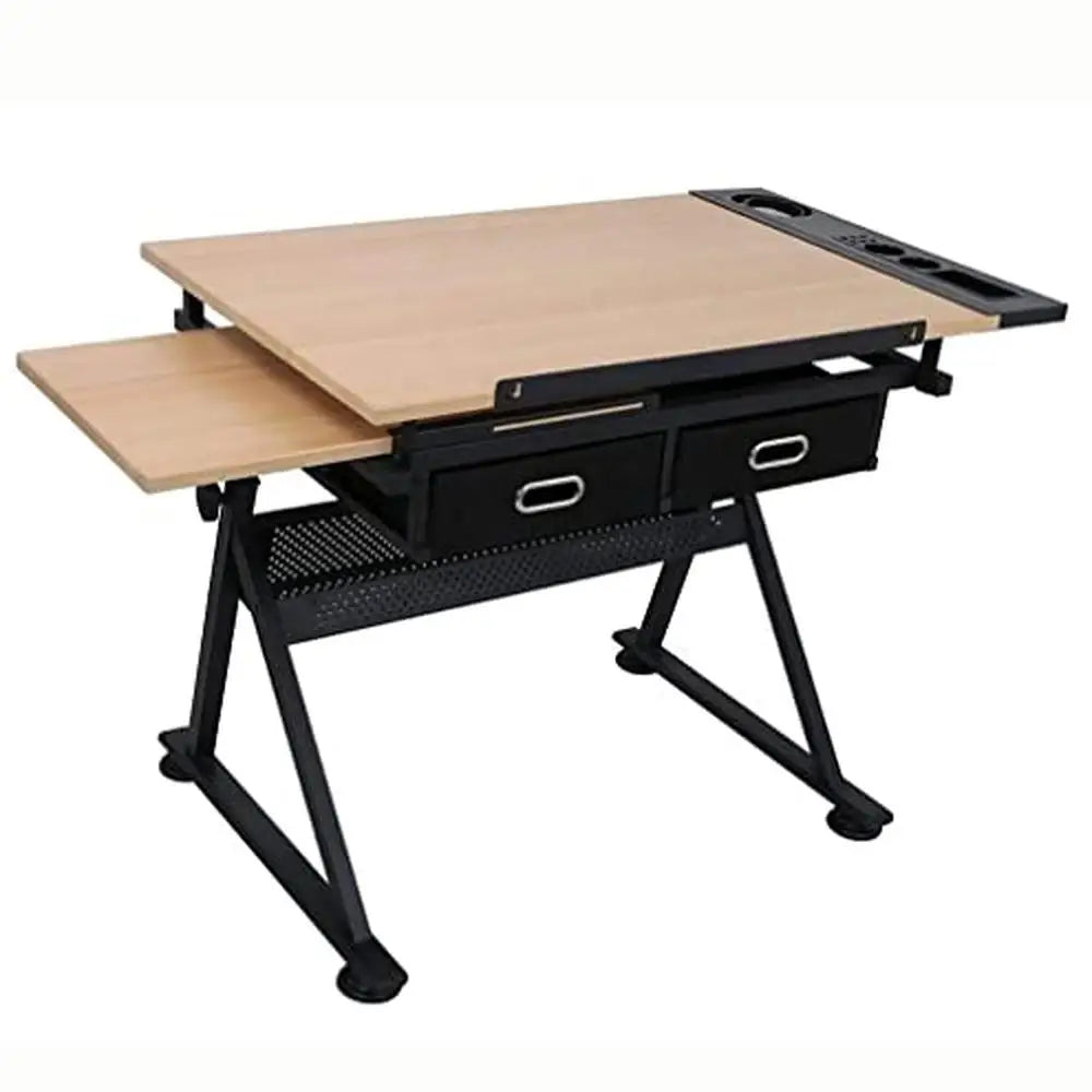 Adjustable Drafting Table Wooden Drawing Desk with Drawers and Storage Shelf Art Station Artists Office School Tilted Tabletop