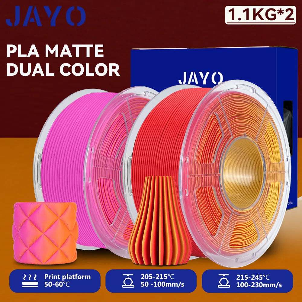 JAYO 2Rolls 3D PLA Matte /Dual Color Matte PLA Printer Filament 1.75mm Neatly Wound & Matte Finish Print with 99% FDM 3D Printer