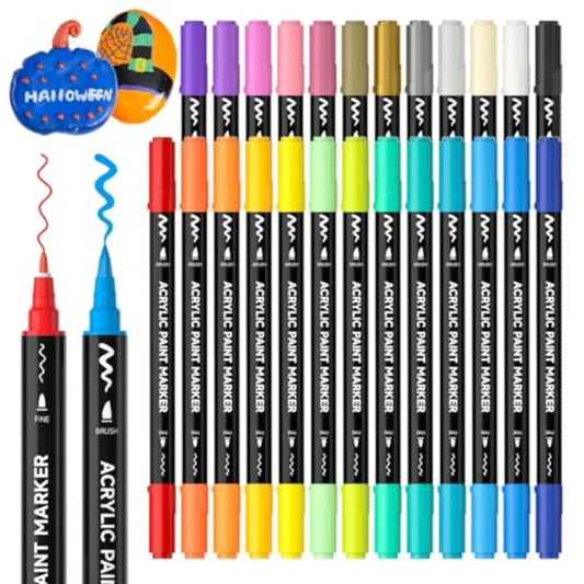 Shuttle Art 25 Colors Dual Tip Acrylic Paint Markers with Brush Tip and Fine Tip for Rock Painting Ceramic Art Woodcraft Canvas