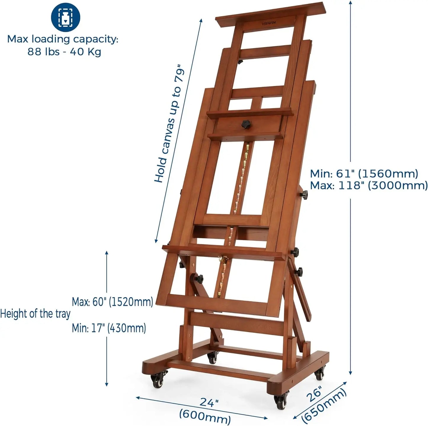 Hold 1 or 2 Canvas up to 79", Tilts Flat, Movable Solid Beech Wood Heavy Duty Floor Easel Stand for Painting