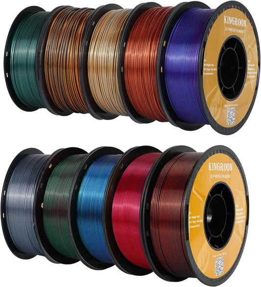 Multicolor Silk PLA Filament, Dual Color 3D Printer Filament Bundle, 10 Rolls (1.75mm), High Gloss and Dimensional Accuracy