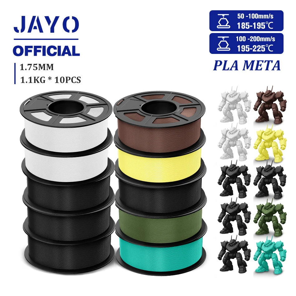JAYO PLA Meta 3D Printer Filament 1.75mm High Flow PLA 3D Filament 1.1KG*10Rolls Neatly Wound 3D Printing Filament Fit Most FDM