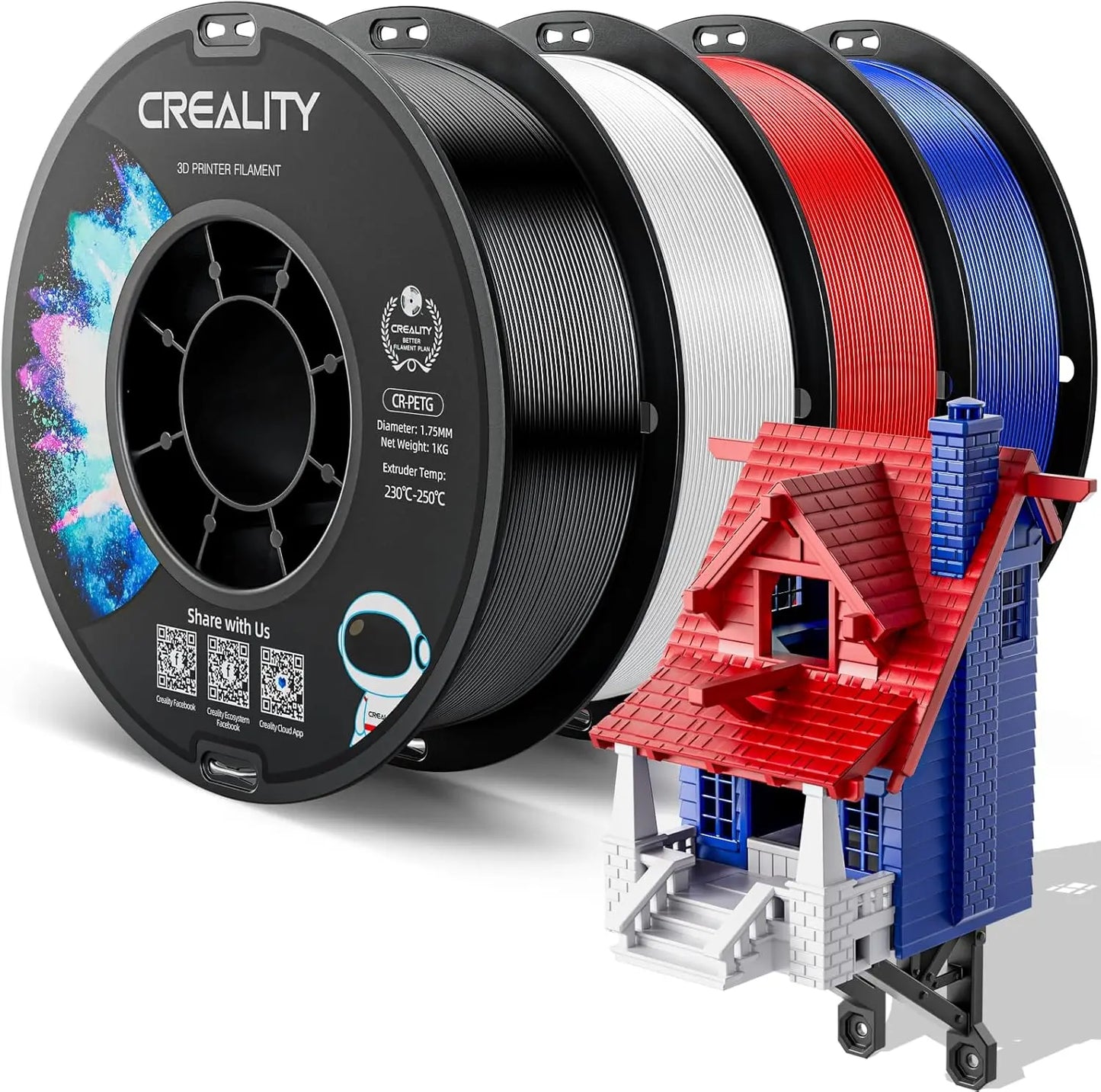 1.75mm PETG 3D Printer Filament Bundle, 4kg with High Precision ±0.03mm, Latest Batch for FDM Printers in Black+White+Red+Blue