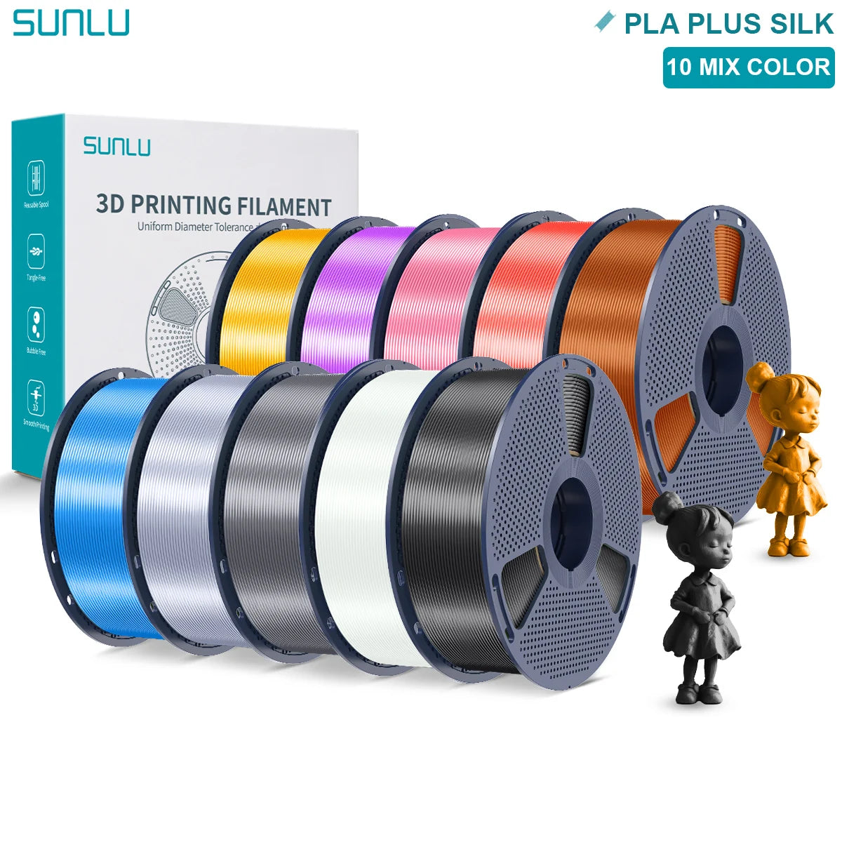 SUNLU Pla Plus Silk 3D Filament 1.75mm Smooth Surface Multicolor PLA+ Shiny Silk Filament for Most FDM 3D Printer 10KG