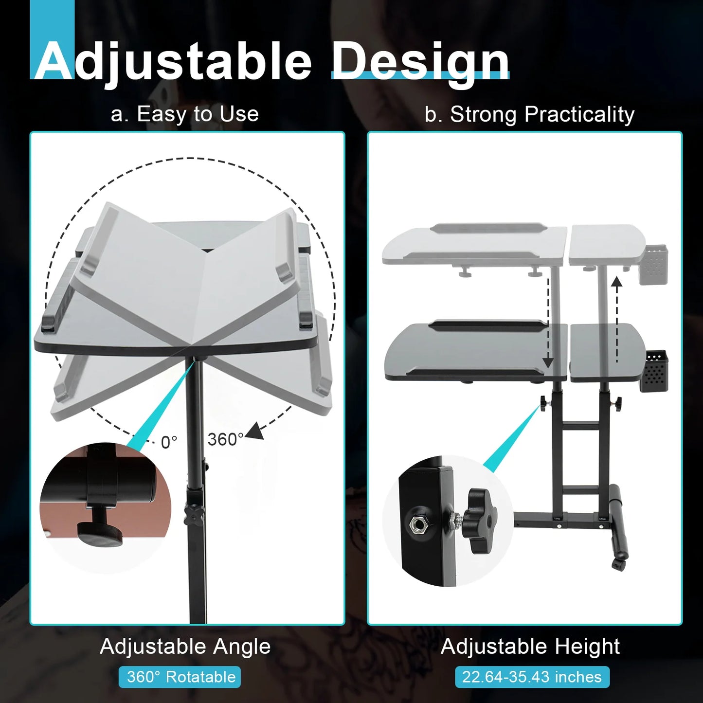 Adjustable Desk Table for Tattoo a Tray Rolling Workstation, Drawing and Equipment Supply