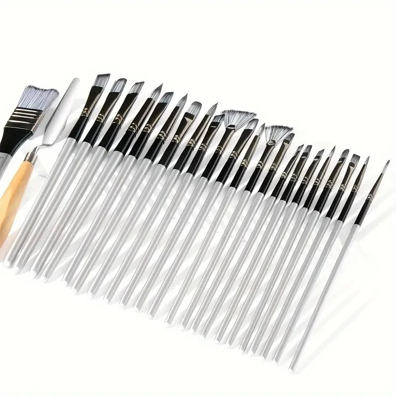 Professional 24-Piece Artist Paint Brush Set—Assorted Flat, Round, Fan & Detail Brushes with Premium Soft Bristles, Wooden Handle