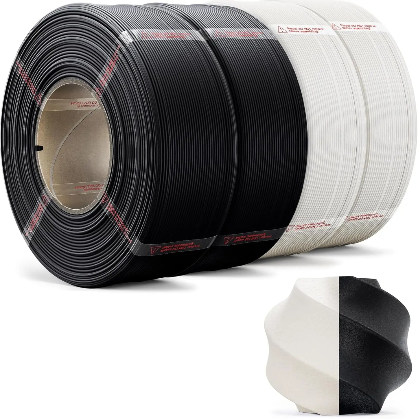 Matte PLA Filament 4-Pack (4kg/1.75mm) for Reusable Spools, Spool-Less Bulk Printing Material in Black and White