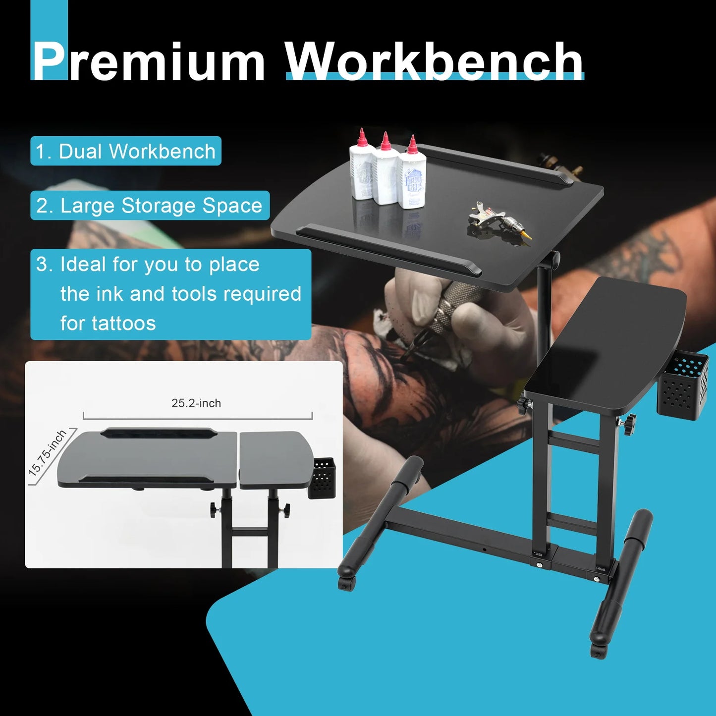 Adjustable Desk Table for Tattoo a Tray Rolling Workstation, Drawing and Equipment Supply