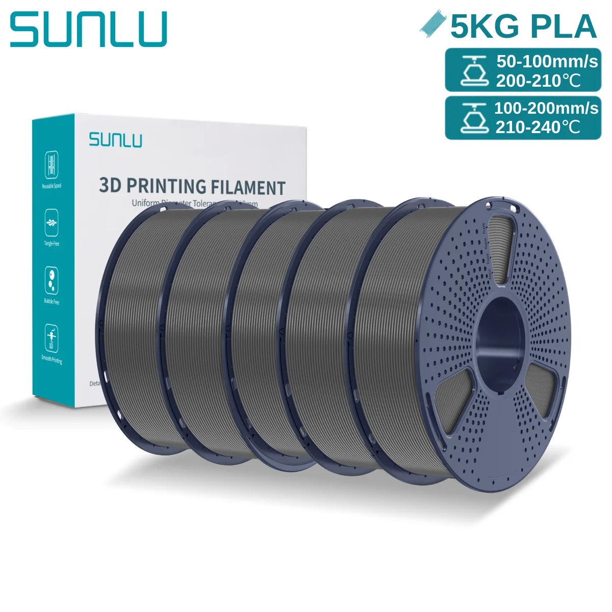 SUNLU 3D PLA Filament 1.75mm 5KG Multicolor Neatly Wound PLA Plastic 3D Filaments with Reusable Spool for Most FDM 3D Printer