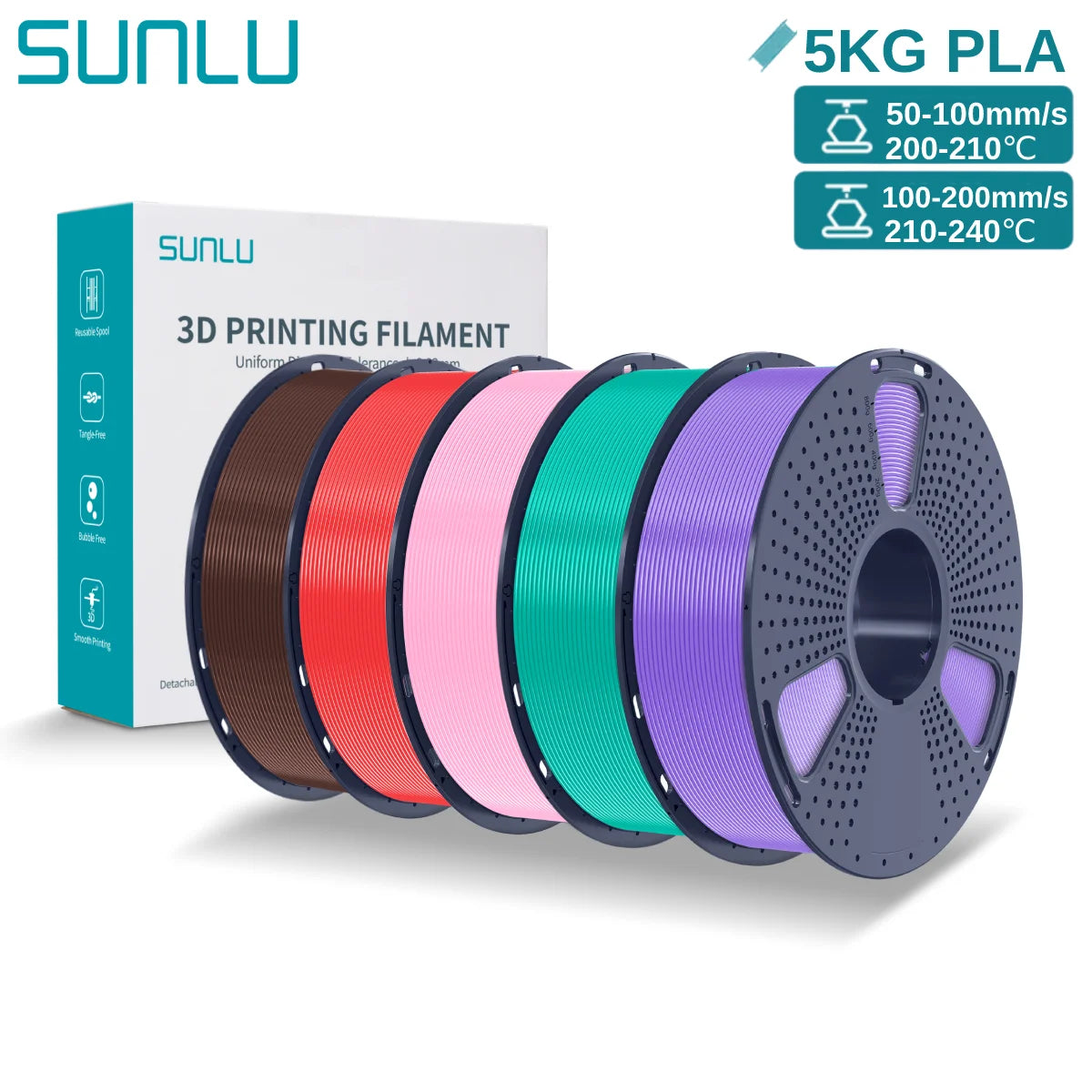 SUNLU 3D PLA Filament 1.75mm 5KG Multicolor Neatly Wound PLA Plastic 3D Filaments with Reusable Spool for Most FDM 3D Printer