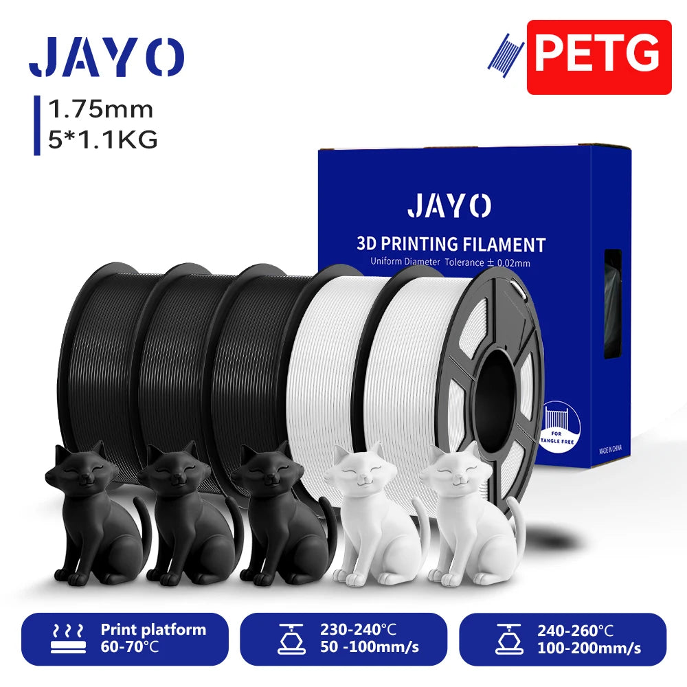 JAYO 3D PETG/PETG Clear 3D Printer Filament 1.75 ±0.02mm 5 /10Rolls High Toughness Neatly Wound Filament Fit Most FDM Printer