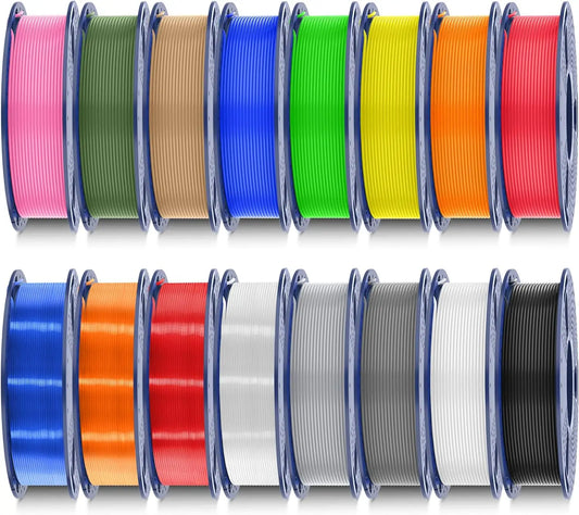 16 Color PLA Filament Bundle, 1.75mm for 3D Printers, Vacuum Packed, 4kg Total with Transparent and Solid Options