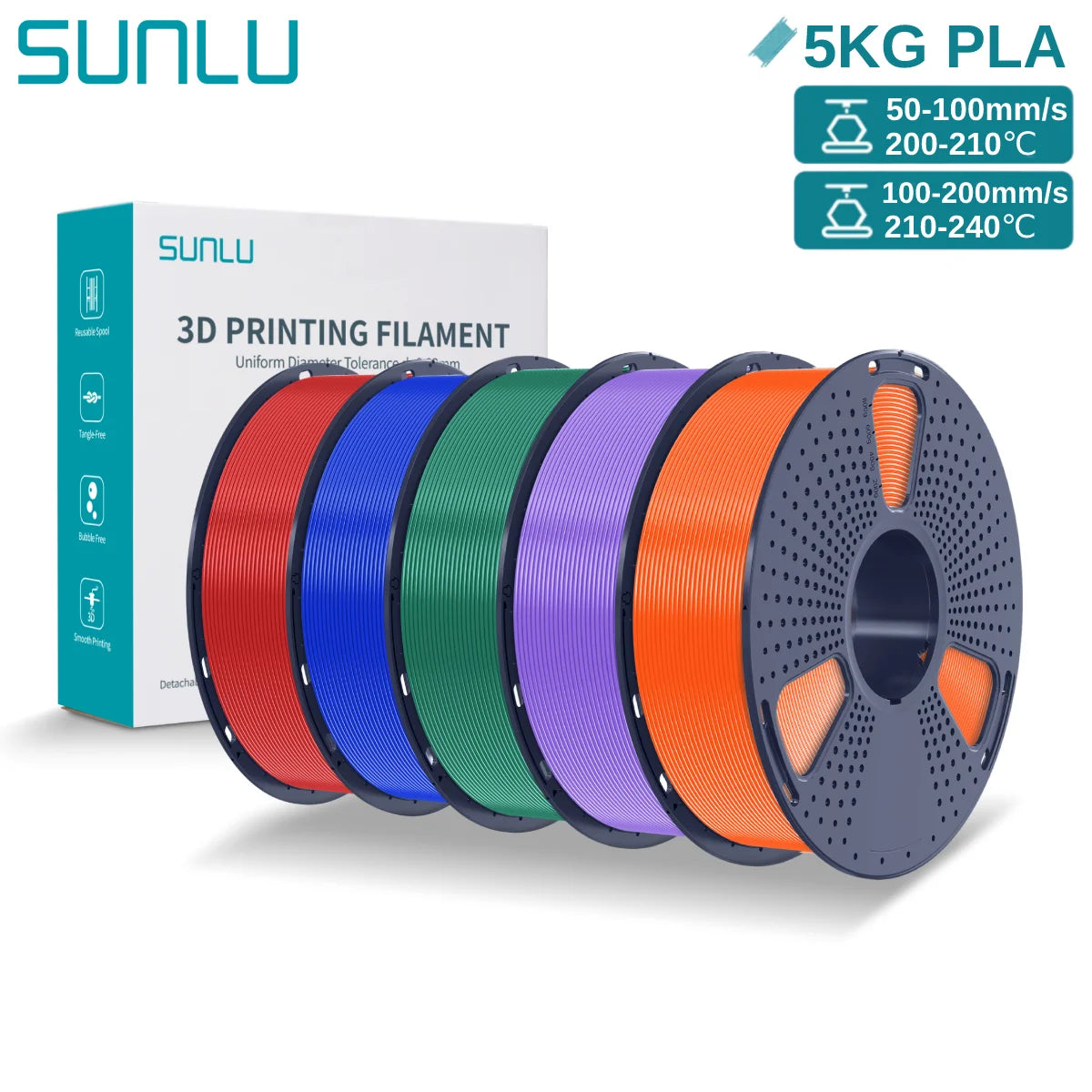 SUNLU 3D PLA Filament 1.75mm 5KG Multicolor Neatly Wound PLA Plastic 3D Filaments with Reusable Spool for Most FDM 3D Printer