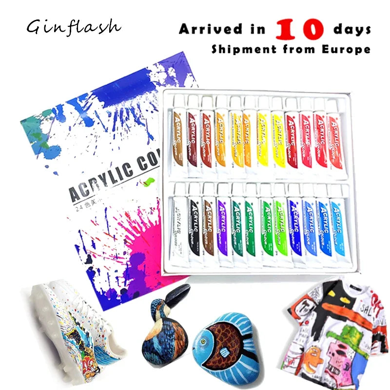 Ginflash 24Colors 12ML /Tube Acrylic Paints Set Wall DIY Art Painting Fabric Drawing Set Waterproof Paint Brush Palette