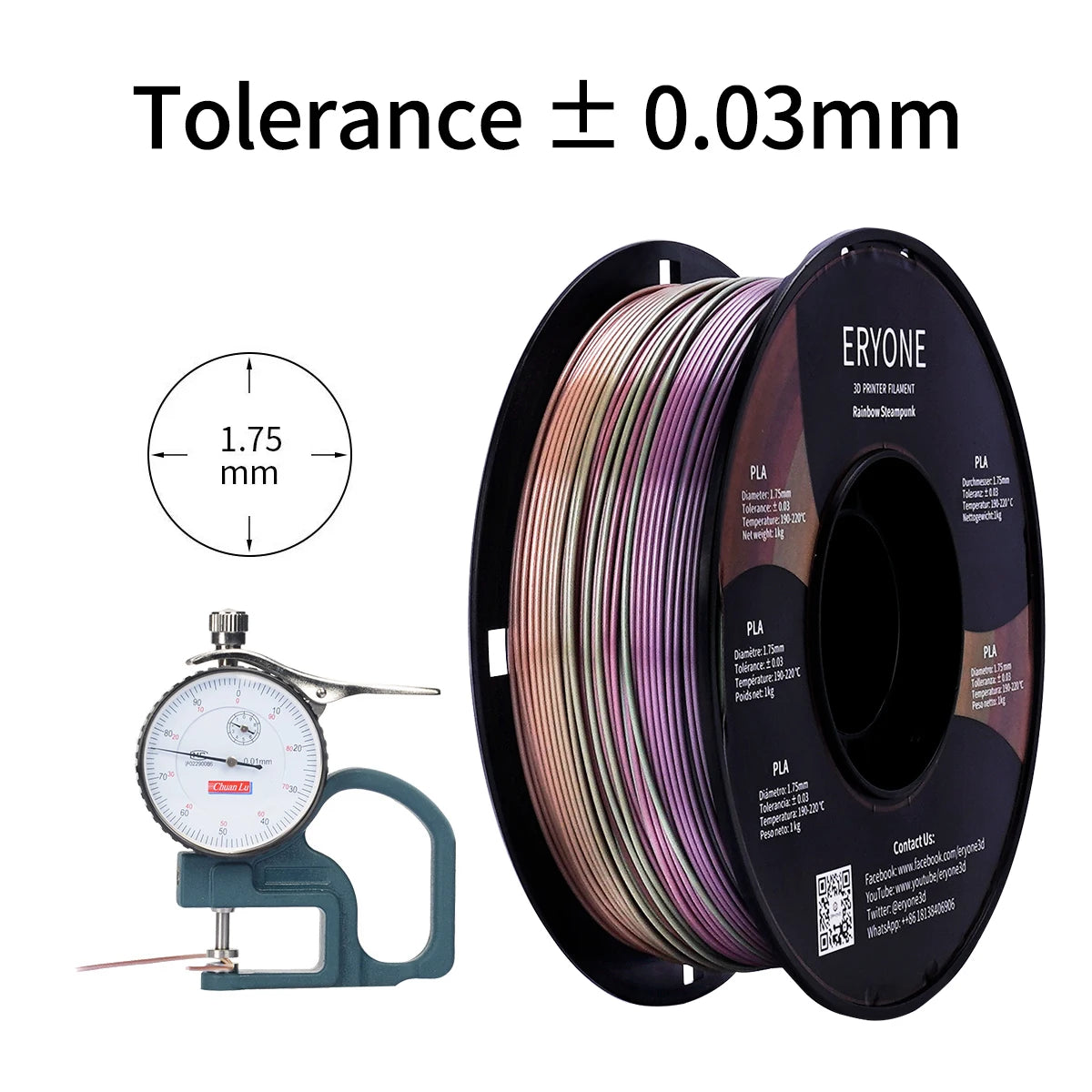 Eryone New Rainbow PLA Filament Multicolor Perfect Spooled 1.75mm 1KG Texture For 3d Printer High Quality
