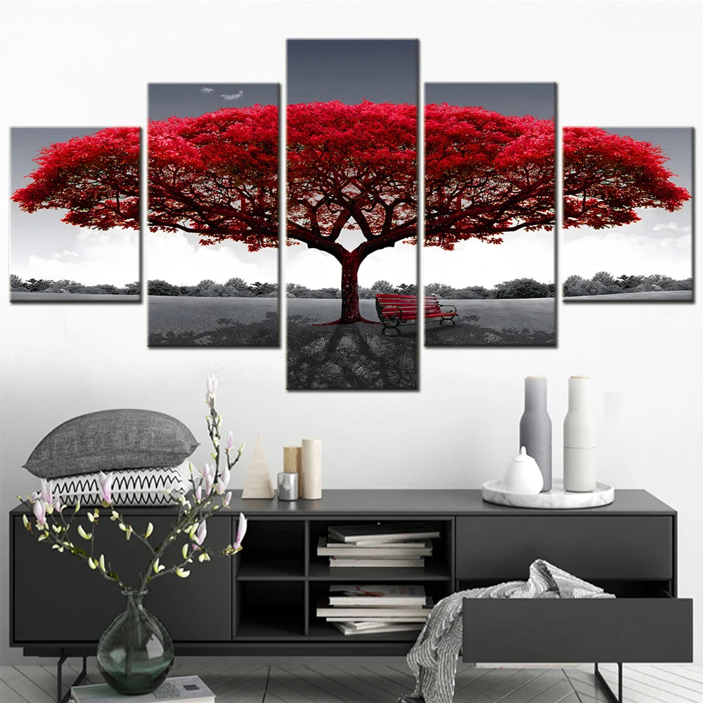 Nature 5 Pieces Canvas Art Wall Decor Painting Abstract Red Tree Sunset Picture Modular Home Decoration Poster Print Photo Frame