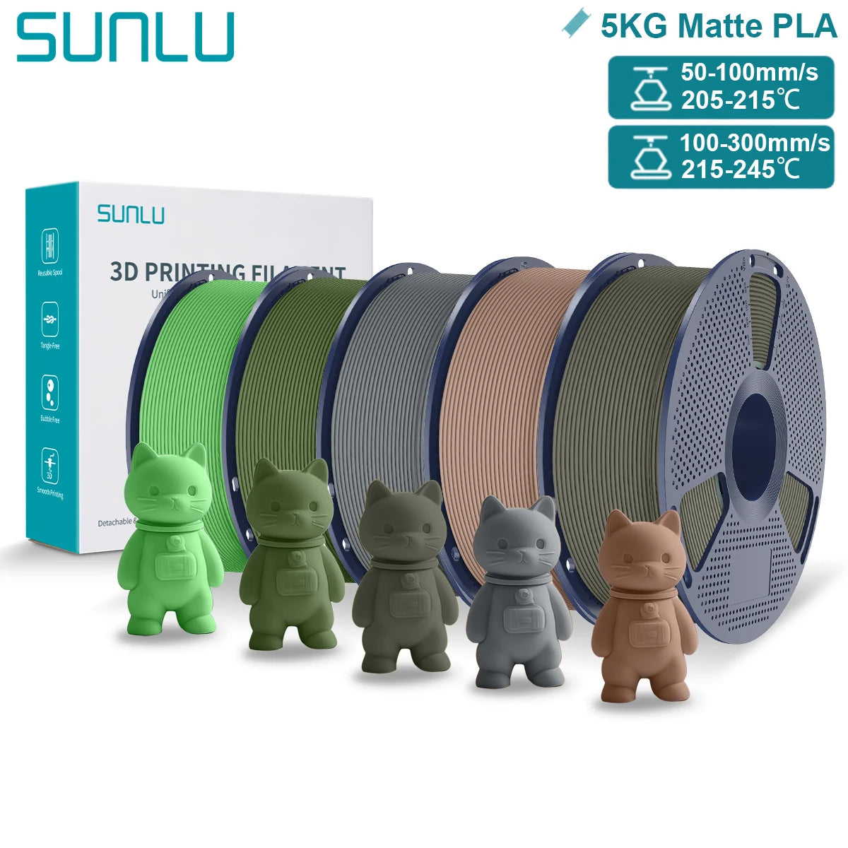 SUNLU Matte PLA 3D Filament 1.75mm Neatly Wound Easy to Use Colorful PLA Matte Surface for Most FDM Printer 3D Printing Material