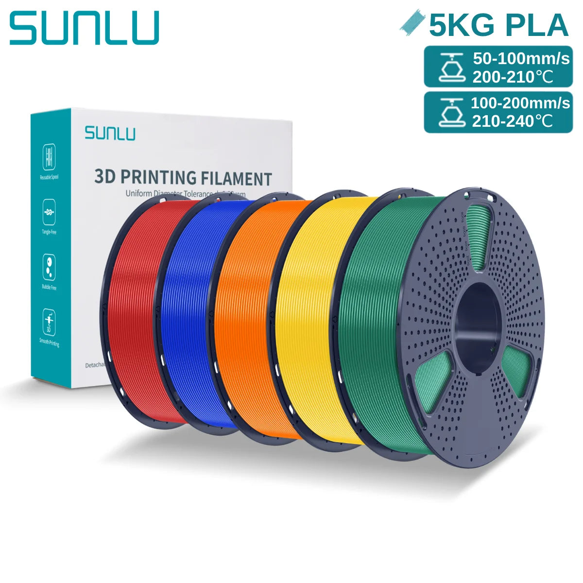 SUNLU 3D PLA Filament 1.75mm 5KG Multicolor Neatly Wound PLA Plastic 3D Filaments with Reusable Spool for Most FDM 3D Printer