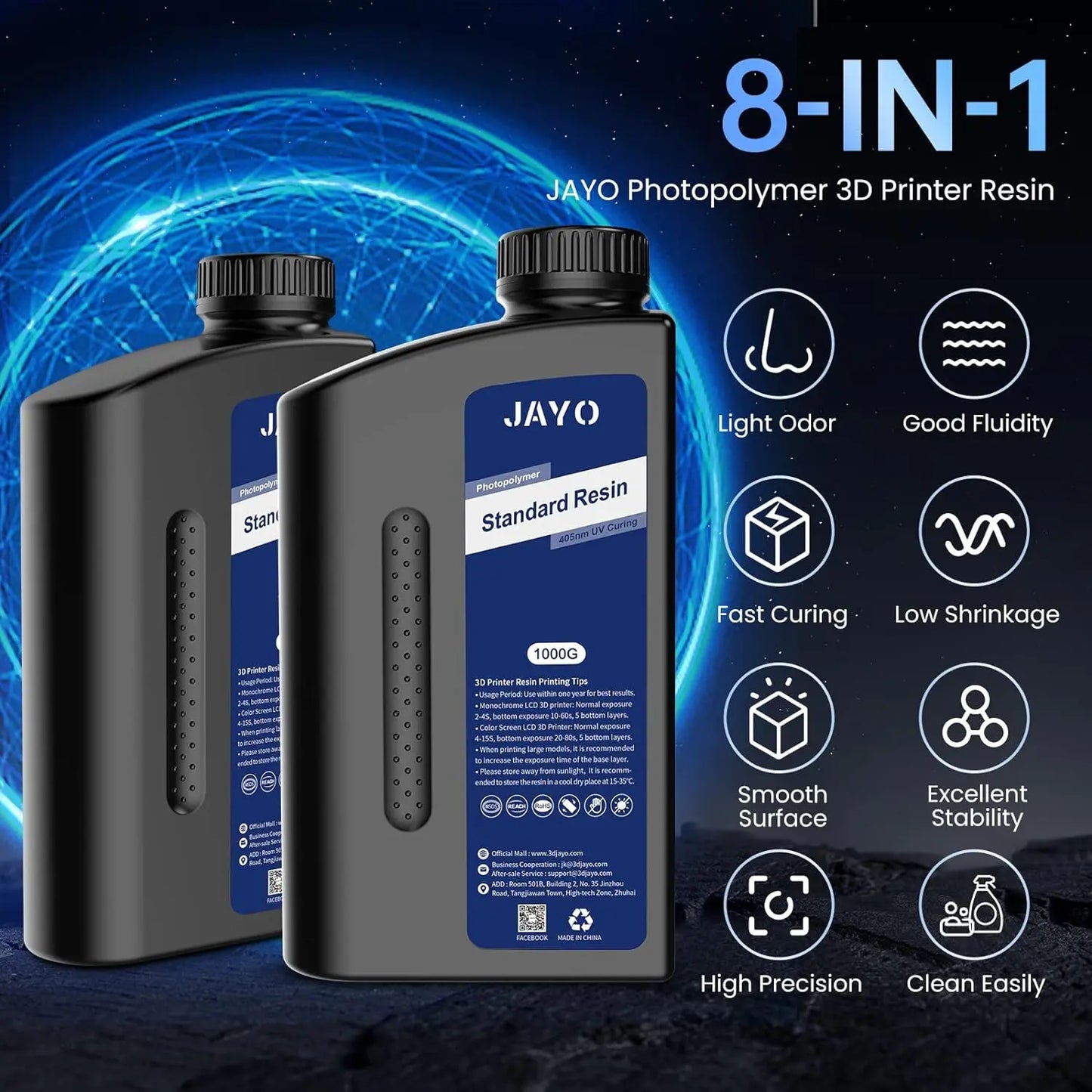 JAYO Standard /ABS-Like/ Water Wash 3D Printer UV Resin 405nm 2 Bottles For LCD 3D Printer Material For Printing Easy to Print