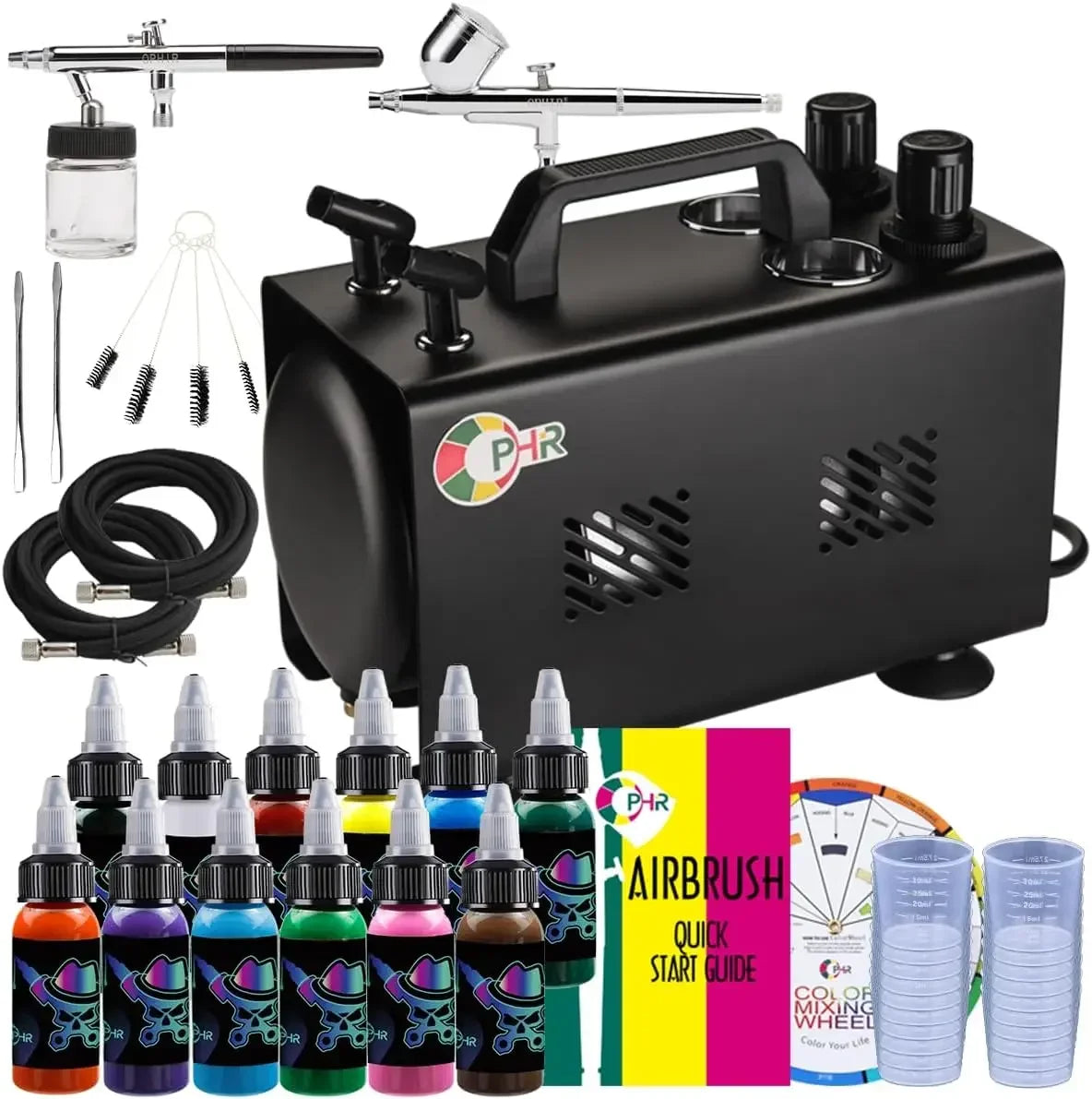 Outlet Air Brush Kit, Airbrush Compressor Painting Set with 1L Air Tank, 2x Airbrushes Kit, 12 Colors of Airbrush Acrylic Paint