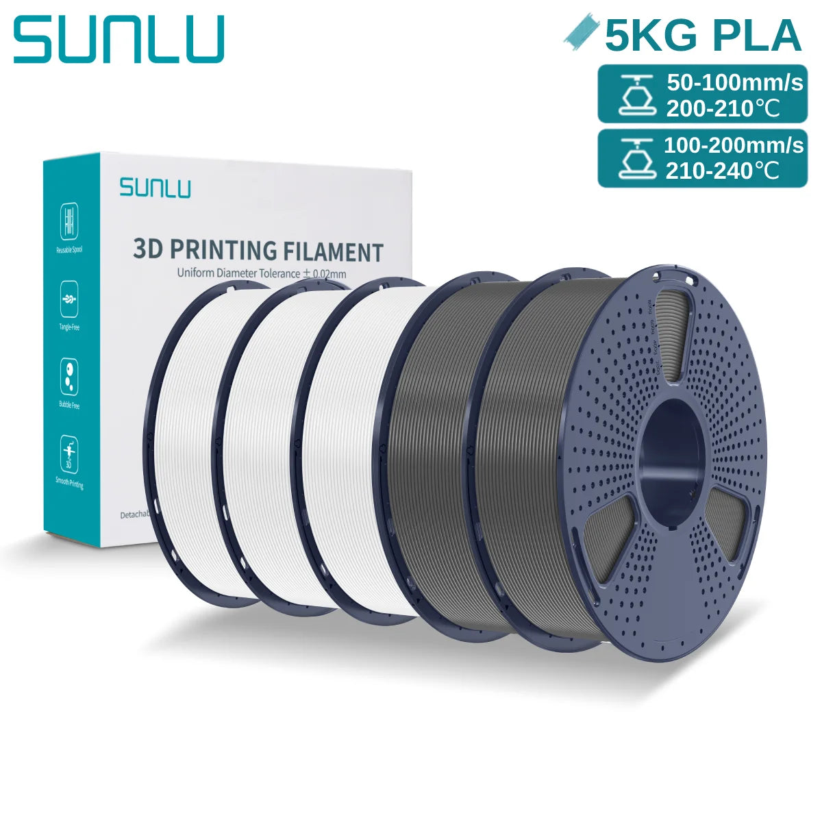 SUNLU 3D PLA Filament 1.75mm 5KG Multicolor Neatly Wound PLA Plastic 3D Filaments with Reusable Spool for Most FDM 3D Printer