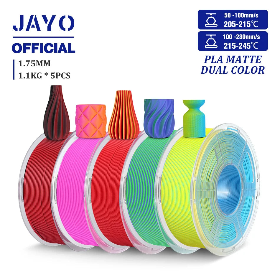 JAYO PLA Matte Dual Color 3D Filament 1.75mm PLA Matte 3D Printer Filament 5Rolls/Set PLA Filament Smooth Matte Finish
