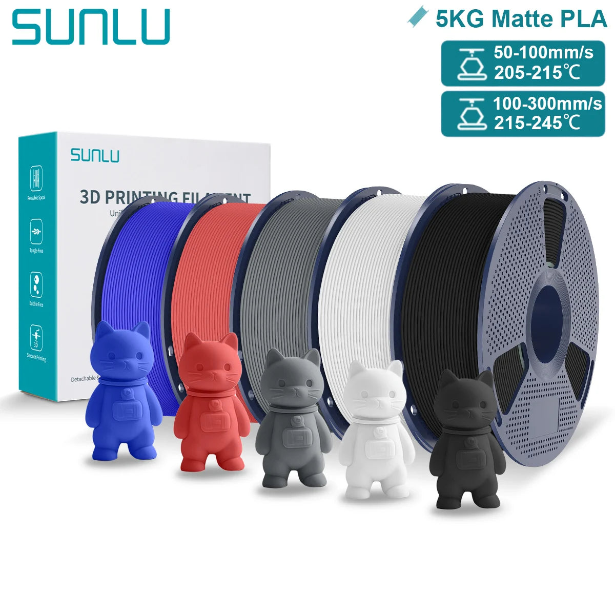 SUNLU Matte PLA 3D Filament 1.75mm Neatly Wound Easy to Use Colorful PLA Matte Surface for Most FDM Printer 3D Printing Material