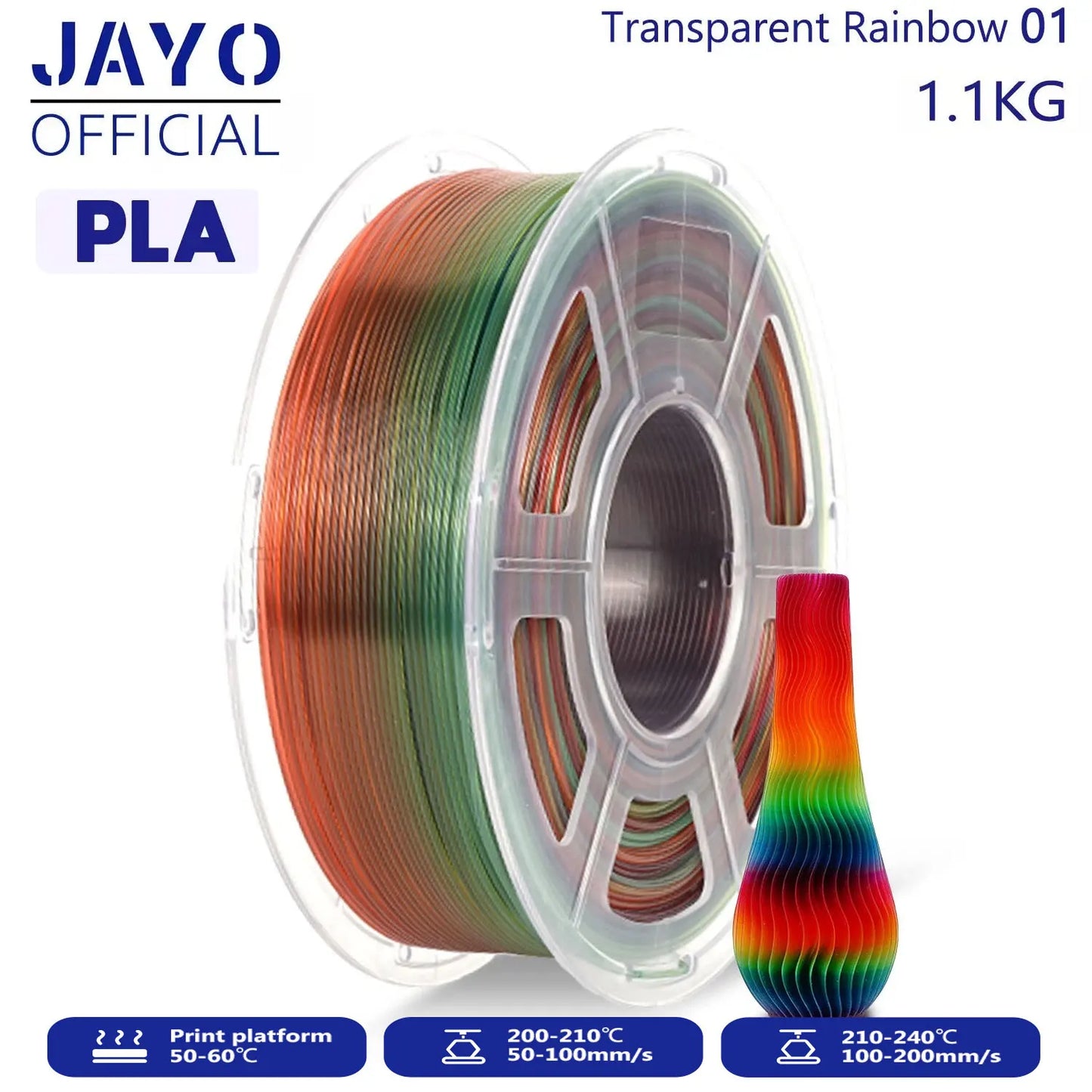 JAYO 3D PLA / Silk PLA Rainbow Printer Filament 1.75mm Transparent Rainbow 3D Filament As Neatly Wound 3D Printing Material