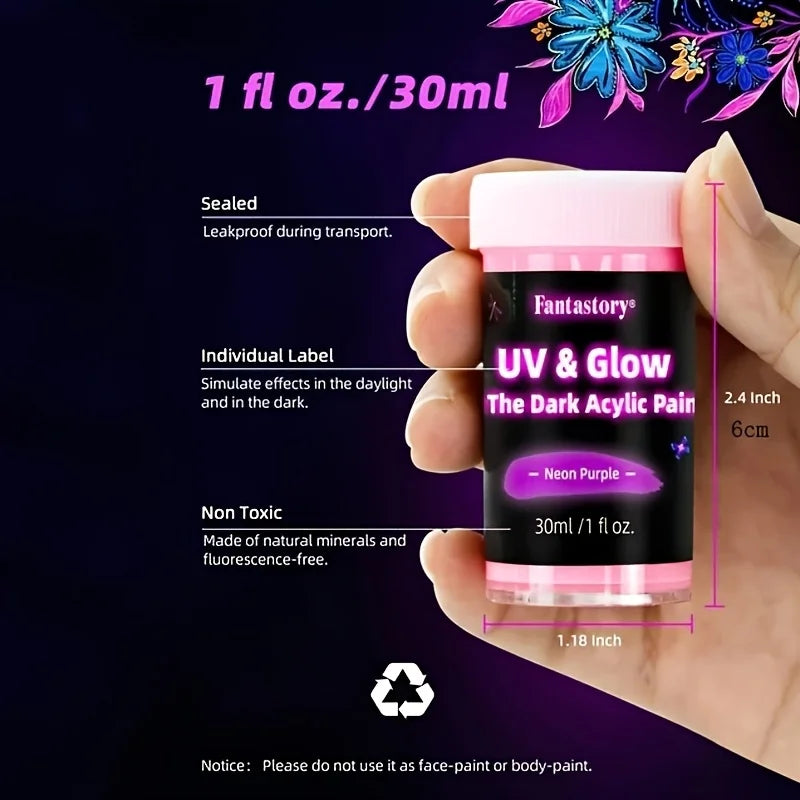 Fantastory 10pcs Glow in the Dark Acrylic Paints, 30ml/1oz Waterproof Paint for Stones, Glass, Wood, Drawing, Craft Supplies