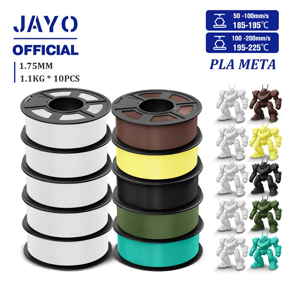 JAYO PLA Meta 3D Printer Filament 1.75mm High Flow PLA 3D Filament 1.1KG*10Rolls Neatly Wound 3D Printing Filament Fit Most FDM