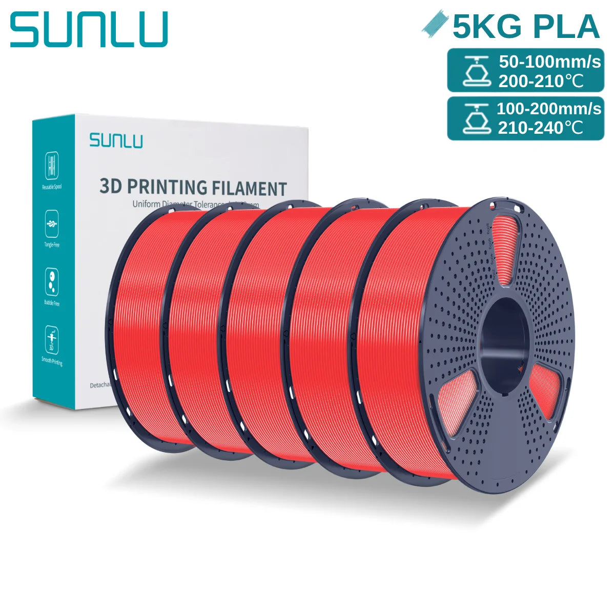 SUNLU 3D PLA Filament 1.75mm 5KG Multicolor Neatly Wound PLA Plastic 3D Filaments with Reusable Spool for Most FDM 3D Printer