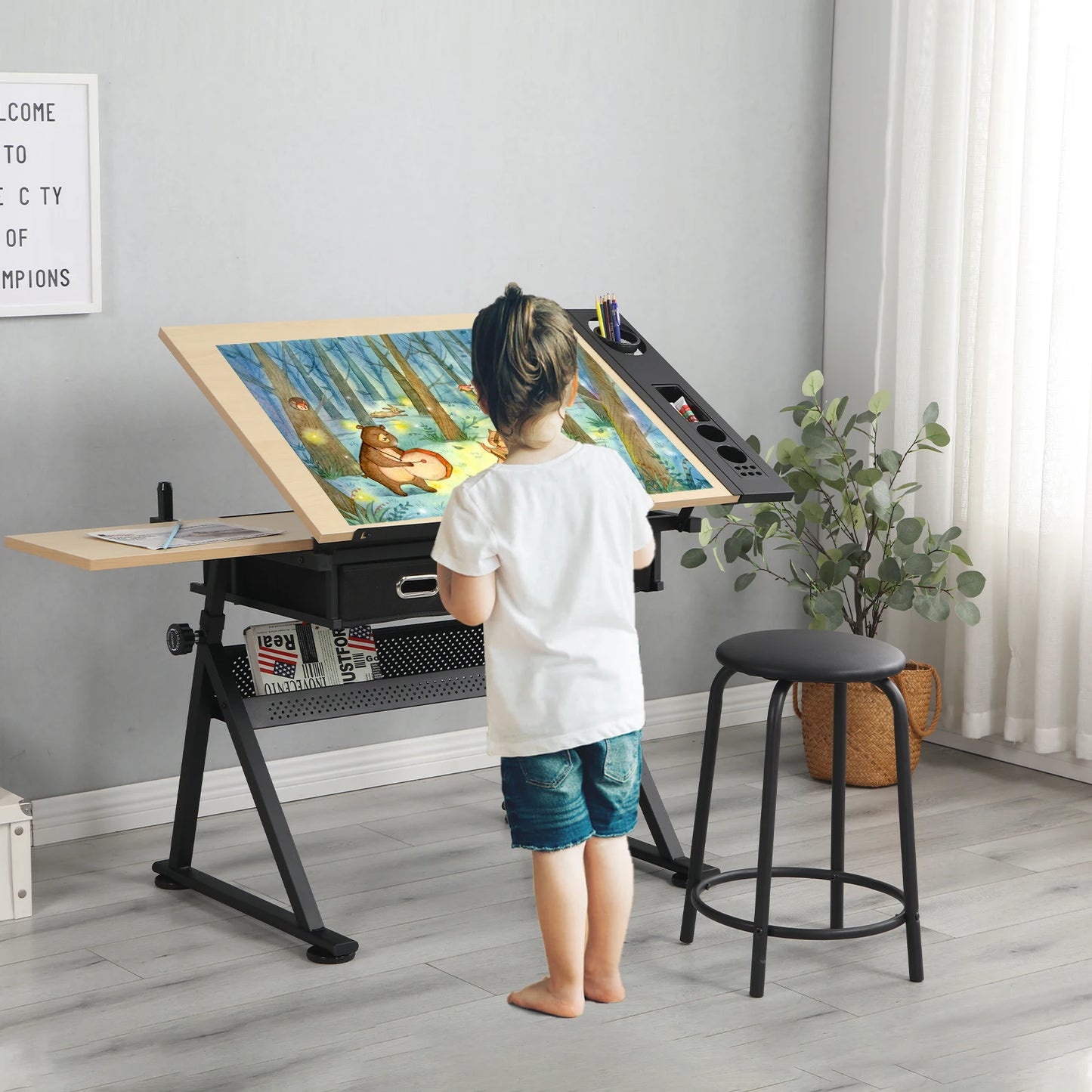 Height Adjustable Drawing Table with Storage Drawers and Stool 47-55x23.6x28-36Inch Yellow[US-Stock]