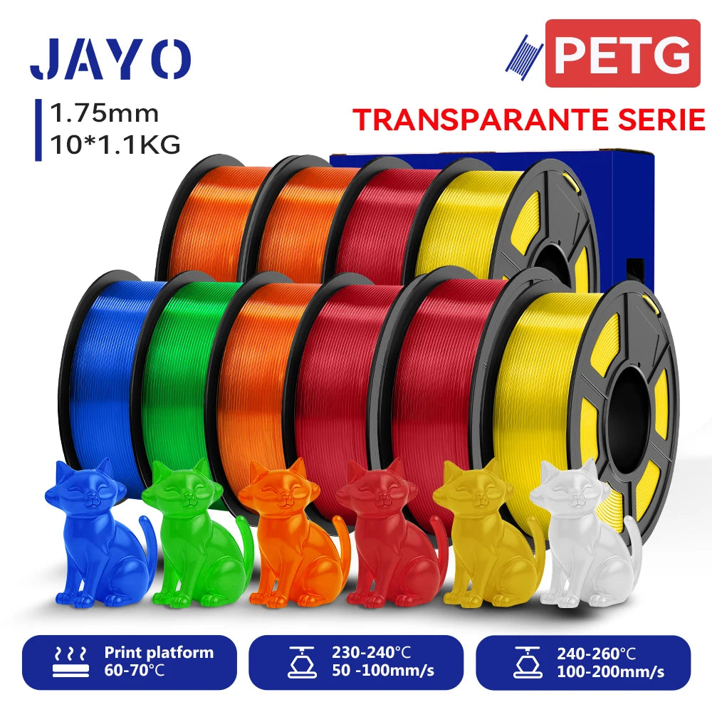 JAYO 3D PETG/PETG Clear 3D Printer Filament 1.75 ±0.02mm 5 /10Rolls High Toughness Neatly Wound Filament Fit Most FDM Printer