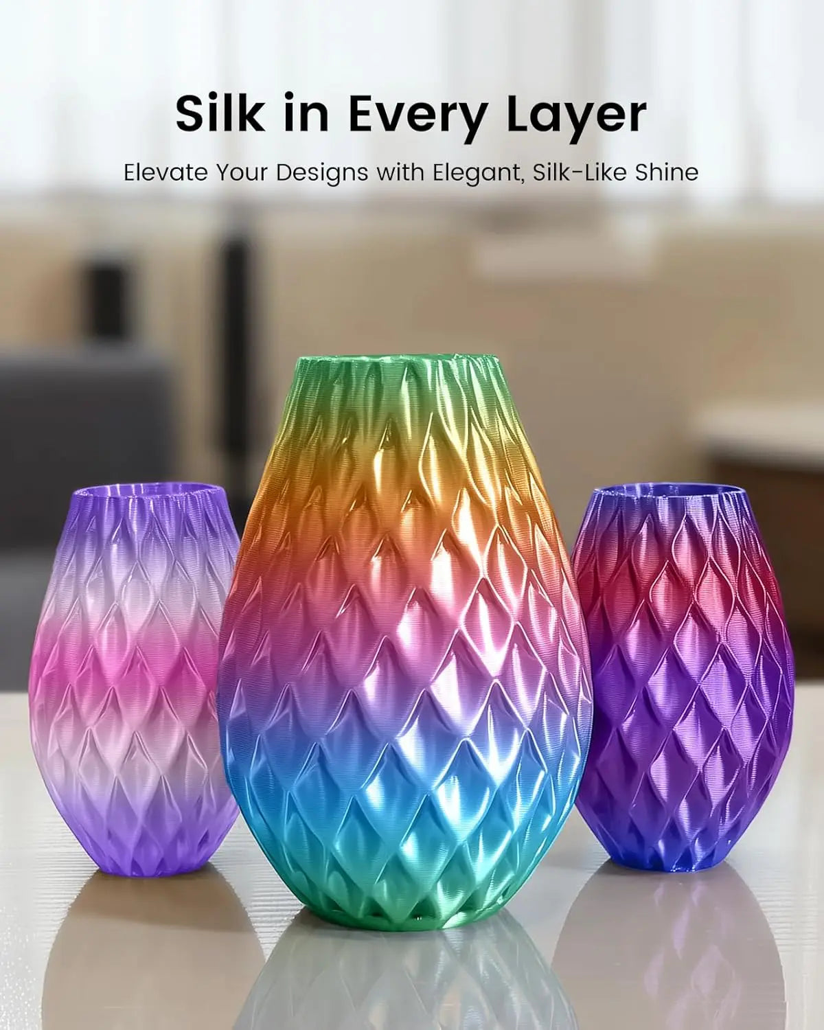 Silky Glossy PLA+ 3D Printer Filament Bundle, 1.75mm Multicolor 250gx8 Spools with Rainbow Series, Gold, Silver