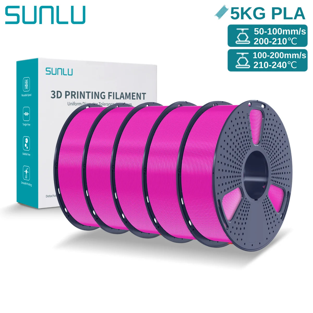 SUNLU 3D PLA Filament 1.75mm 5KG Multicolor Neatly Wound PLA Plastic 3D Filaments with Reusable Spool for Most FDM 3D Printer