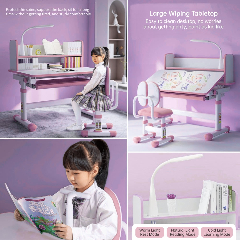 Children Desk and Chair Set Height Adjustable, 27.6&quot;W Ergonomic Kids School Writing Study Table Tilt Desktop Drawers Workstation