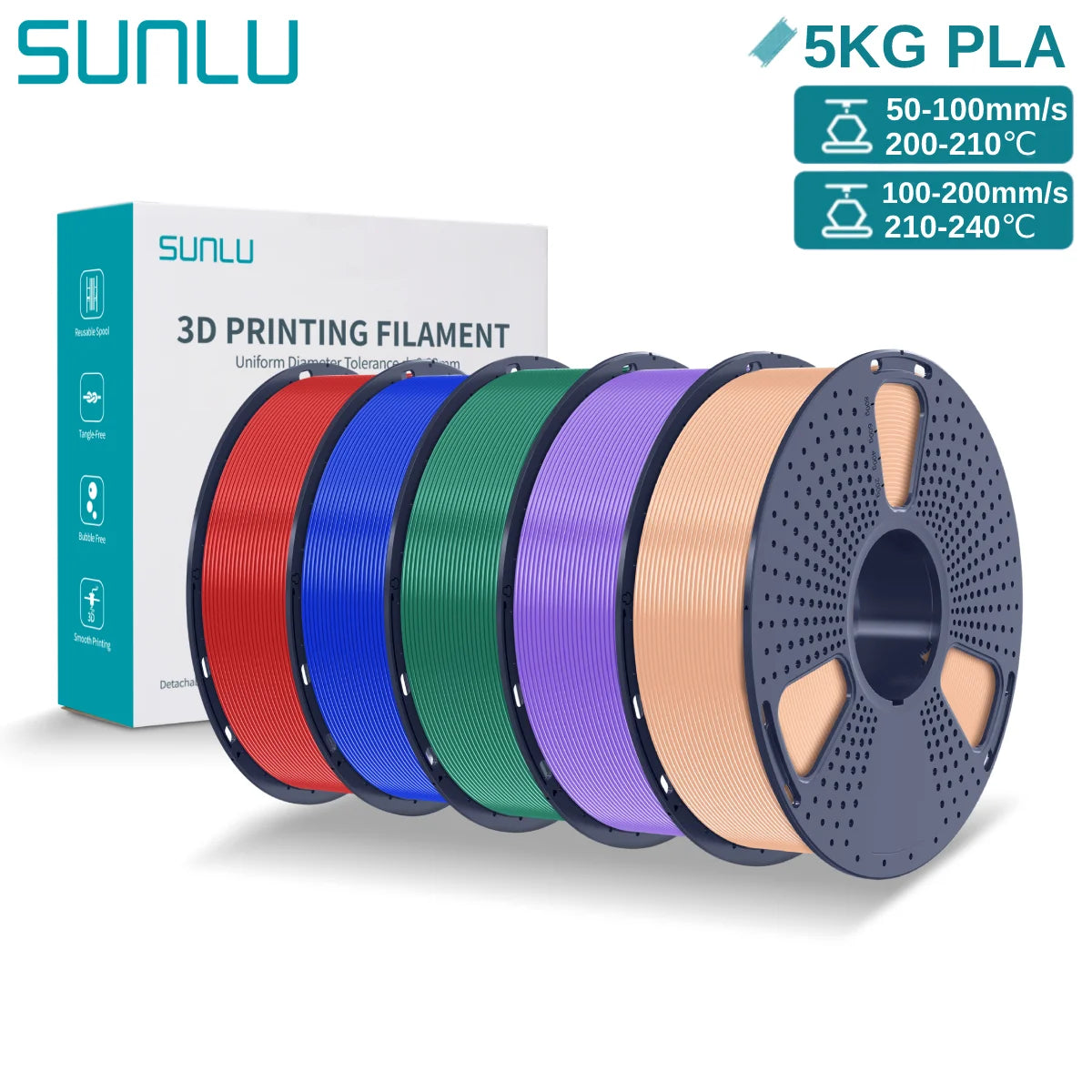 SUNLU 3D PLA Filament 1.75mm 5KG Multicolor Neatly Wound PLA Plastic 3D Filaments with Reusable Spool for Most FDM 3D Printer