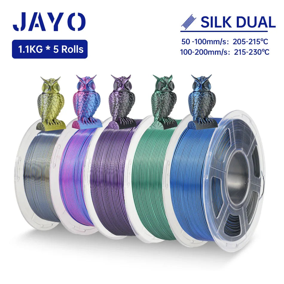 JAYO SILK PLA + Filament 1.75MM PLA 3D Filament 1.1KG for FDM 3D Printer  Neatly Wound Shiny 3D Printing Material 5Rolls