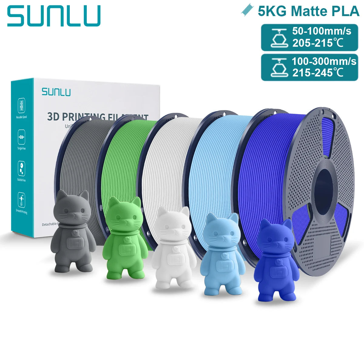 SUNLU Matte PLA 3D Filament 1.75mm Neatly Wound Easy to Use Colorful PLA Matte Surface for Most FDM Printer 3D Printing Material