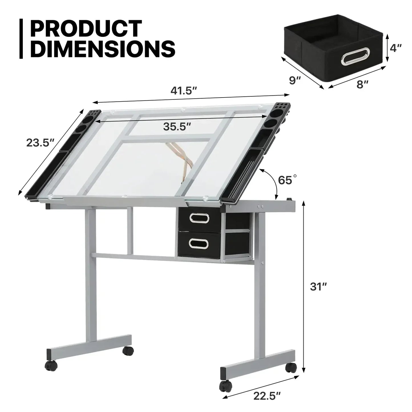 MoNiBloom Drafting Table on Wheels with Storage & Side Tray - Adjustable 0-65° Glass Tabletop, Replaceable Feet Art Desk