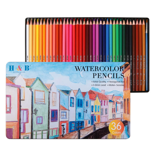 Professional 36 Colorful Water Soluable Watercolor Pencil Set Brush Wood School Supplies