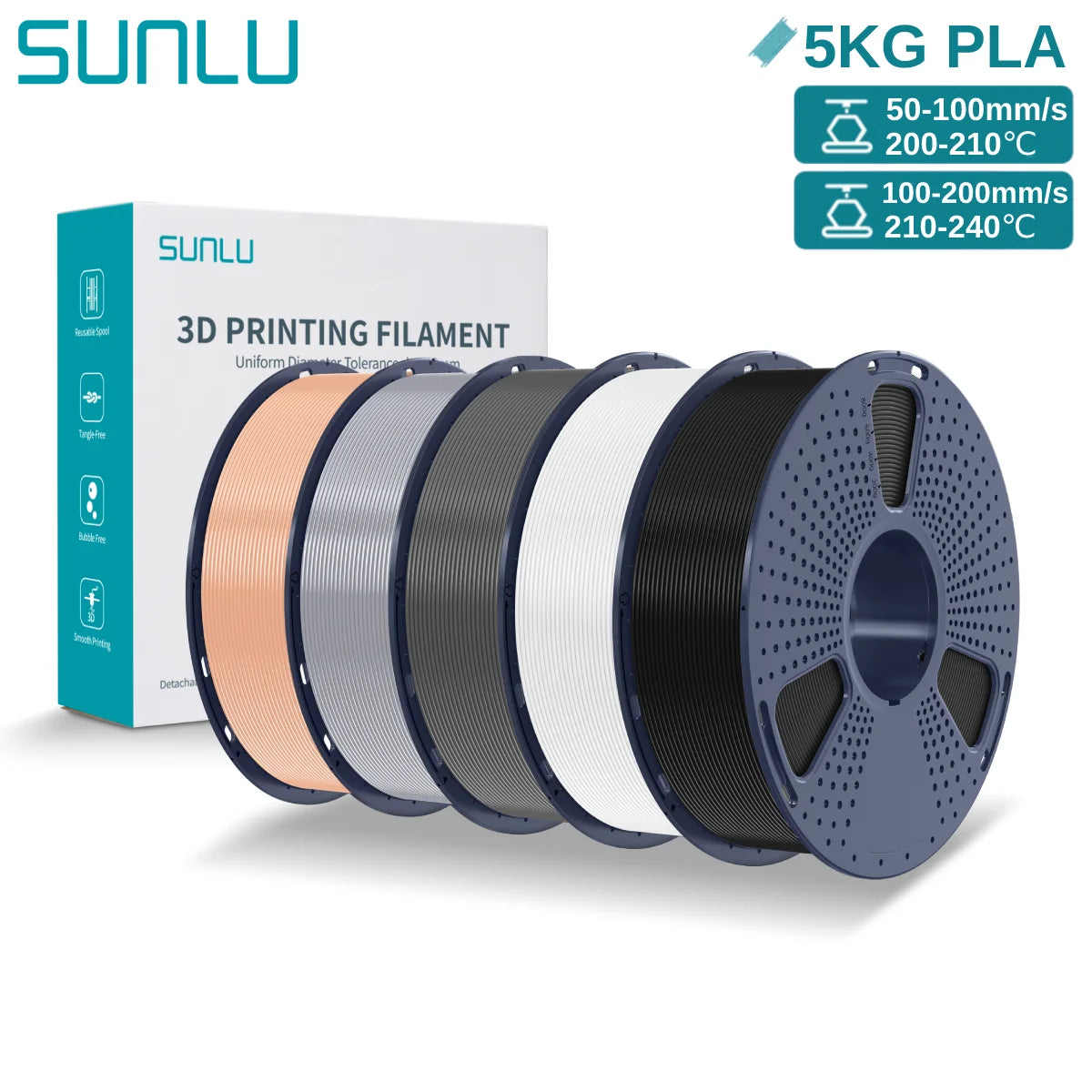 SUNLU 3D PLA Filament 1.75mm 5KG Multicolor Neatly Wound PLA Plastic 3D Filaments with Reusable Spool for Most FDM 3D Printer