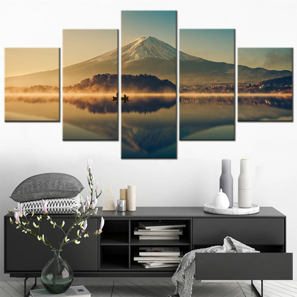 5 Pieces Printed Paintings on Canvas Mount Fuji at Lake Kawaguchiko Picture Aesthetic Room Decor Photo Frame Home Decoration